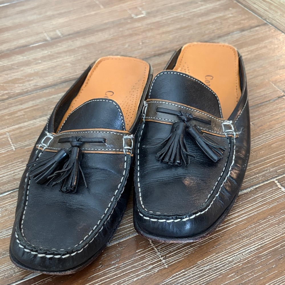 Cole Haan Black Leather Tassel Slip-On Loafers with Tan Insole